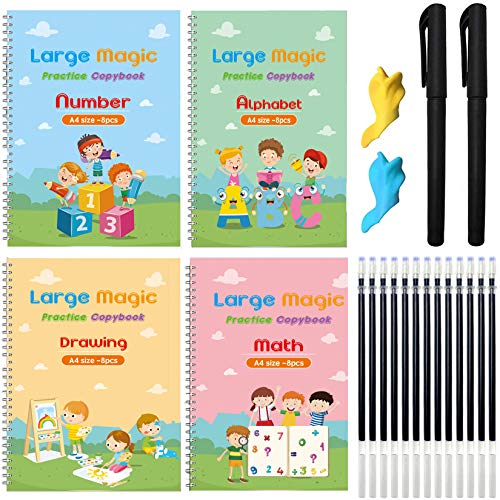 Monking 4Pc Large Magic Practice Copybook for Kids,Handwriting Practice Book 4 Pack with Pen Refill English Cursive Calligraphy Reusable Age 3-8 11.4x8.3Inch (4pc+2 pen)