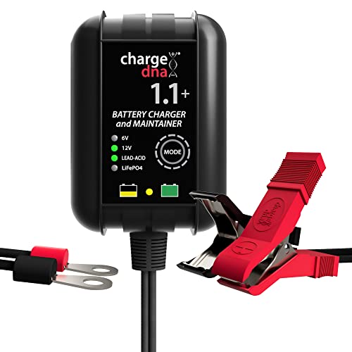 6V and 12V, 1.1 AMP, Portable Smart Battery Charger Maintainer, Fully Automatic, Lead-Acid & Lithium  for Cars, Motorcycles, ATVs, UTVs, Jet Skis, and More  ChargeDNA 1.1+  Designed in The USA