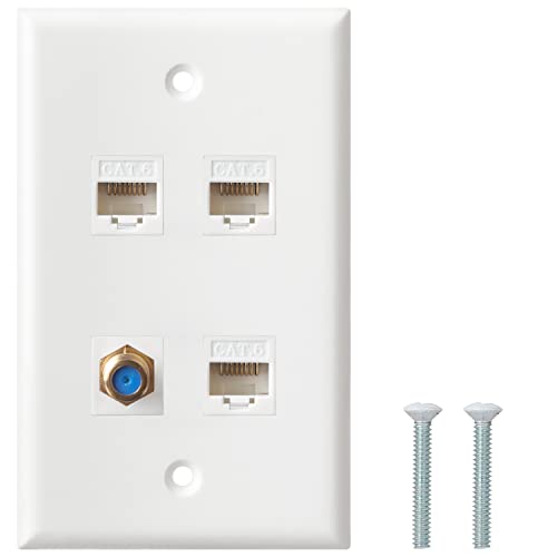 Ethernet Coax Wall Plate, 3 Port Cat6 Keystone Female to Female, 1 Port F Type Connector Coax Keystone Female to Female Wall Plate - White