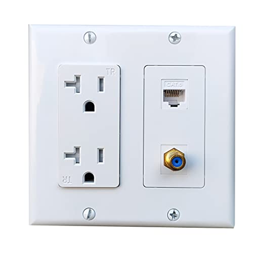 BOPLAT 2 Gang Ethernet Coax Wall Plate with 20Amp Power Outlet - Electrical Wall Outlet Cover Plate with Coaxial Ethernet +1 Port CAT6 + 1 Coax Cable TV F Type Jack- White