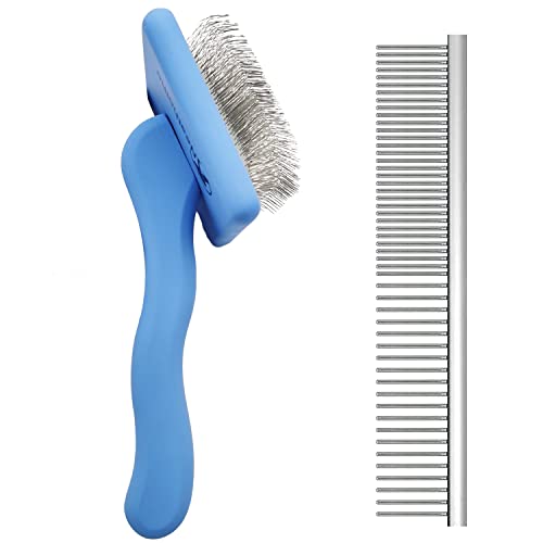 Extra Large Firm Slicker Brush for Dogs & Pet Comb Value Kit,50% Wider Large Dog Slicker Brush for Long Haired Dogs and Cats with Ergonomic Solid Wooden Handle,Long Pin Dog Grooming Brush for DesheddingGoldendoodle Poodle LooseHair