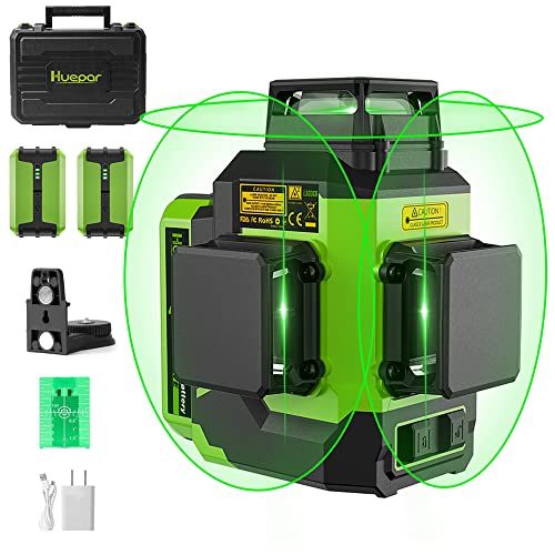 Huepar 3x360Laser Level with 2 Li-ion Batteries 3D Outdoor Green Cross Line Self Leveling for Construction/Picture Hanging Hard CaseMagnetic Rotating Stand and Type-C Charger - LS03CG