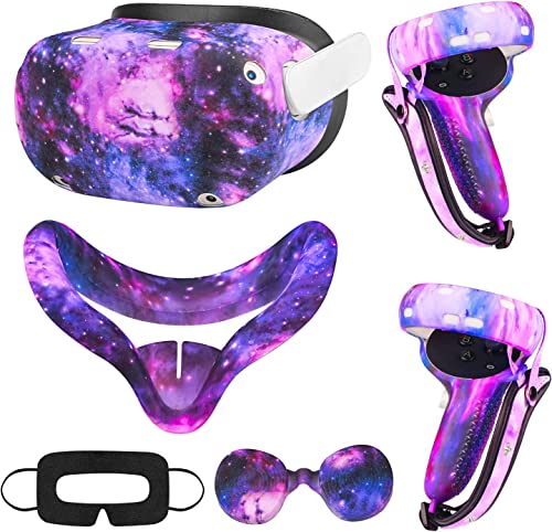 Relohas Accessories for Oculus Quest 2, VR Accessory Set for Meta Quest 2, Include Controller Grip Leather Cover, VR Shell Cover, Face Cover, Lens Cover and 10PCS Disposable Eye Cover(Galaxy Purple)