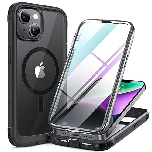 Miracase Magnetic Phone Case for iPhone 14 Case for iPhone 13 Case [Compatible with Magsafe] Full-Body Bumper Case with Built-in [Anti-Fingerprint] 9H Tempered Glass Screen Protector/Dust Port, Black