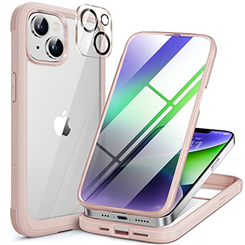 Miracase Glass Series Designed for iPhone 14 Case 6.1 inch, 2023 Upgrade Full-Body Clear Bumper Case with Built-in 9H Tempered Glass Screen Protector and Camera Lens Protector,Crystal Pink