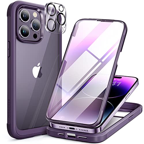 Miracase Glass Series for iPhone 14 Pro Case 6.1 Inch, 2023 Full-Body Clear Bumper Case with Built-in 9H Tempered Glass Screen Protector, with Camera Lens Protector, Noble Purple