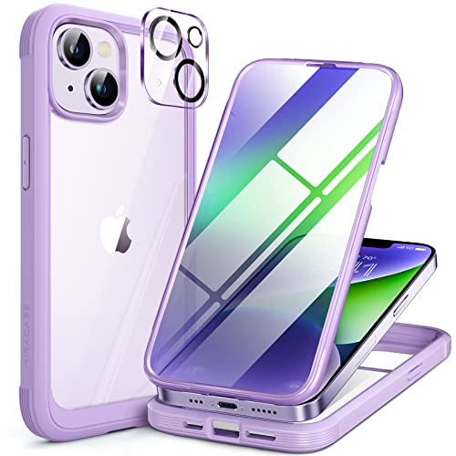 Miracase Glass Series Designed for iPhone 14 Plus Case 6.7 inch, 2023 Upgrade Full-Body Clear Bumper Case with Built-in 9H Tempered Glass Screen Protector and Camera Lens Protector,Purple