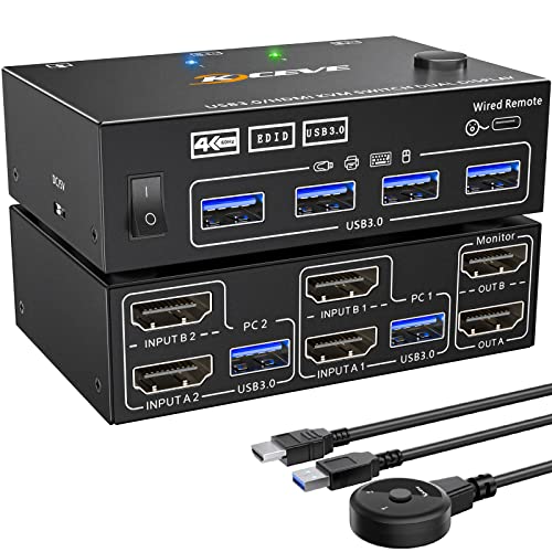 Dual Monitor KVM Switch 2 Port 4K@60Hz 2K@144Hz Simulation EDID,HDMI USB 3.0 Switch Extended Display 2 Monitors 2 Computers with HDMI and USB 3.0 Cables Wired Controller