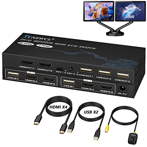 KVM Switch 2 Monitors 2 Computers, Dual Monitor HDMI KVM Switch 2 Port 4K@60Hz for Extended Display and USB 2.0 Hub, Include Cables and Desktop Controller