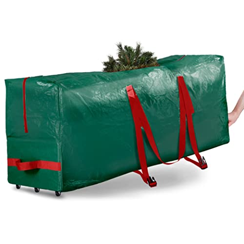 Zober Rolling Large Christmas Tree Storage Bag - Fits Artificial Disassembled Trees, Durable Handles & Wheels for Easy Carrying and Transport - Tear/Waterproof Polyethylene Plastic Duffle Bag (9 Ft., Green)