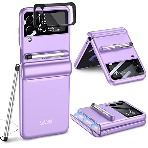 COCOING for Samsung Galaxy Z Flip 4 Case,with Stylus Fashion Business Phone case,with Hinge Protection Device and Camera Screen Protector,Case for Samsung Z Flip 4 2022 (Purple)