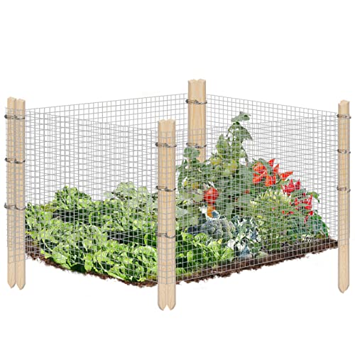 16"  189" Garden Fences Animal Barriers with Wooden Cedar Stakes- Critter Guard Galvanized Wire Mesh Garden Fencing, Flower Bed Hog Wire Panels for Preventing Rabbits Dogs Cats Chickens Deer