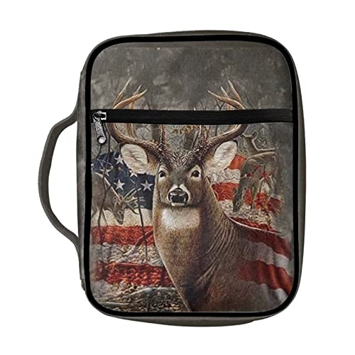Belidome Hunting Camo Bible Cover Deer American Flag for Men Boys Women Girls Bible Case with Zipper Pockets Handle Pen Storage Book Journaling Protector Bible Tote Bag Patriotic Fourth of July Gifts