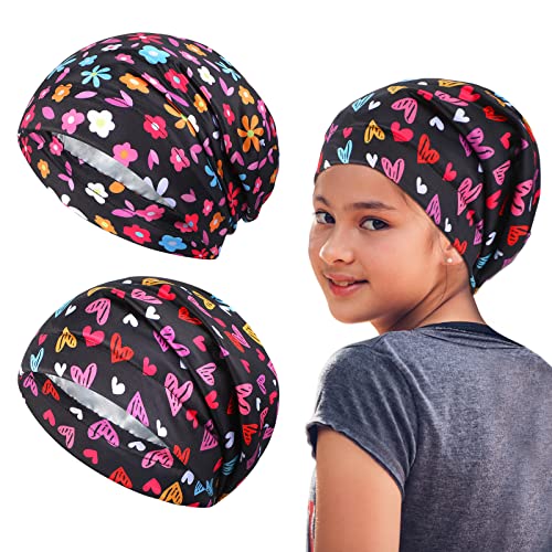 2 Pieces Satin Lined Hair Bonnet for Sleeping Kids Satin Sleep Cap Satin Head Scarf Curly Hair with Elastic Band (Cute Pattern) Multicoloured