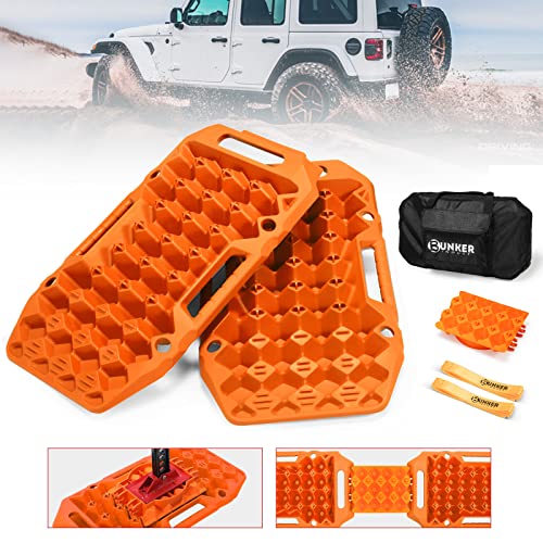 BUNKER INDUST Offroad Traction Boards with Jack Base,Pair Multifunctional Recovery Tracks Tire Traction Mat Snow Mud Sand Ramp-Orange 4X4 ATV UTV Car Traction Pads with Carry Bag