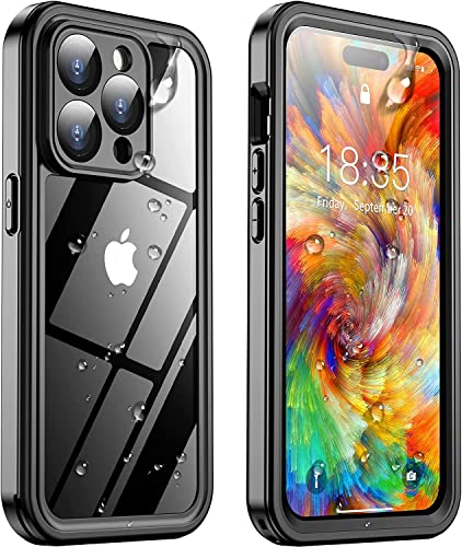 Temdan for iPhone 14 Pro Max Case Waterproof,Built-in 9H Tempered Glass Screen Protector [IP68 Underwater][14FT Military Dropproof][Dustproof][Real 360] Full Body Shockproof Phone Case-Black/Clear