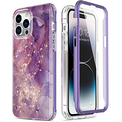 Esdot iPhone 14 Pro Max Case with Built-in Screen Protector,Rugged Cover with Fashionable Designs for Women Girls,Protective Phone Case for iPhone 14 Pro Max 6.7" Glitter Purple Marble