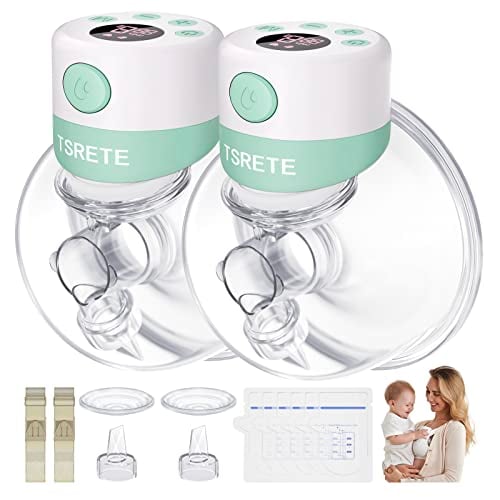 TSRETE Breast Pump, Double Wearable Breast Pump, Electric Hands-Free Breast Pumps with 2 Modes, 9 Levels, LCD Display, Memory Function Rechargeable with Massage and Pumping Mode 24mm Flange-Green