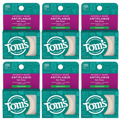 Tom's of Maine Naturally Waxed Antiplaque Flat Dental Floss, Spearmint, 32 Yards 6-Pack (Packaging May Vary)