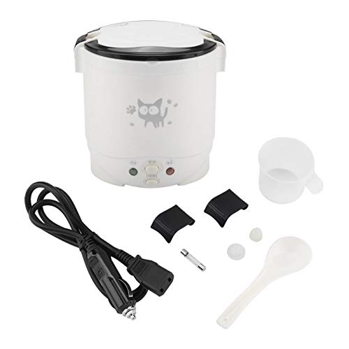 1L Mini Rice Cooker, 12v Electric Lunch Box Portable Travel Rice Cooker for Car Multifunctional Electric Food Steamer Rice Cooker Fast Cooking Fully Automatic Non Stick Pot for Travel Camping (White)