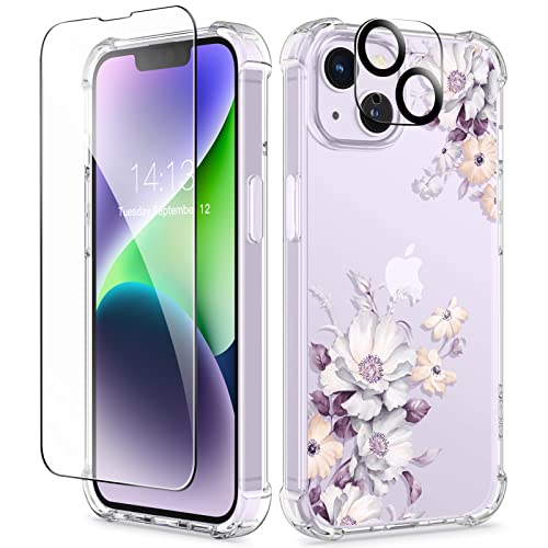 GVIEWIN Case Compatible with iPhone 14 Plus 6.7 Inch,with Screen Protector + Camera Lens Protector, Clear Flower Shockproof Soft Protective Floral Designed Women Phone Cover, 2022 (Aster/Purple)