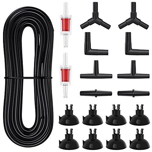 Pawfly 25 Feet Black Airline Tubing Standard Aquarium Air Pump Accessories Set with Suction Cups Connectors and Check Valves