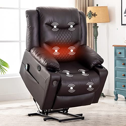 Power Lift Recliner,EVER ADVANCED Lift Chairs Recliners for Elderly, Electric Recliners Chair with Heat Vibration Massage, Remote Control,USB Port, 2 Cup Holder & Side Pocket for Home, Office (Brown)