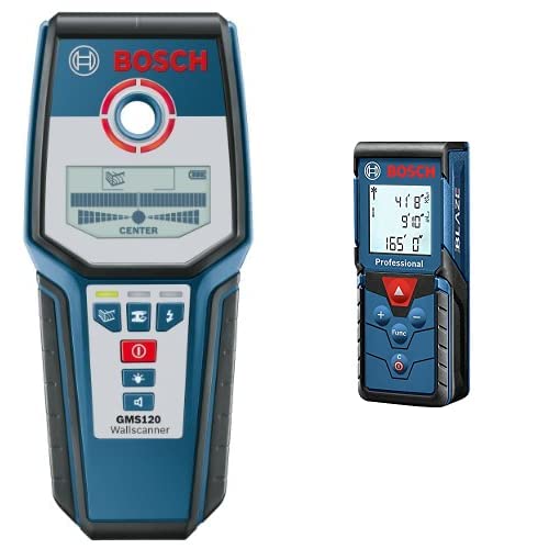 Bosch Blaze Pro GLM165-40 165ft Laser Distance Measure with Color Backlit Display & Bosch GMS120 Digital Multi-Scanner with Modes for Wood, Metal, and Live Wiring