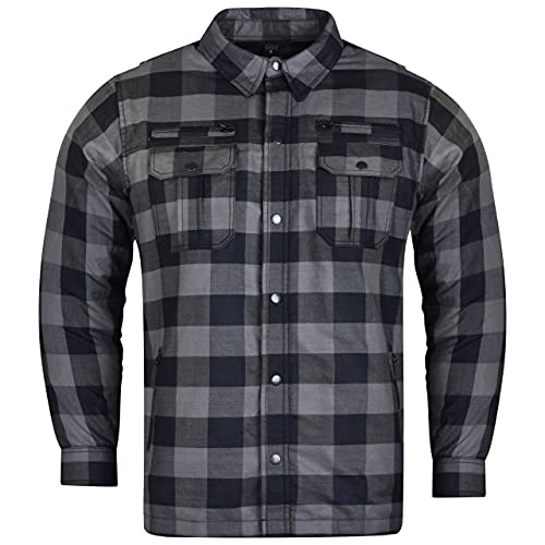 Men's Armored Checkered Flannel Biker Shirt with Kevlar, Multiple Waterproof Storage Pockets (Grey, 2XL)