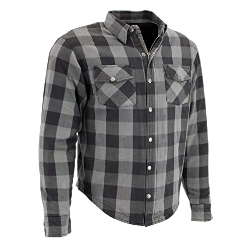 Milwaukee Leather MPM1630 Men's Plaid Flannel Biker Shirt with CE Approved Armor - Reinforced w/Aramid Fibers - Large Grey