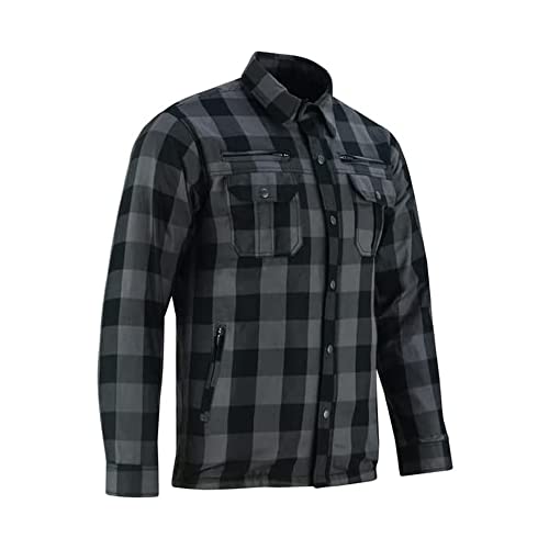 Daniel Smart Men Motorcycle Flannel Shirt Sporty Armored Kevlar Shirt Water Resistant and Durable with Multiple Pockets Gray