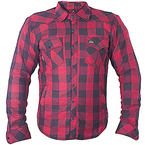 EndoGear Motorcycle Flannel Riding Shirt with Armors Built with Kevlar - CE Certified Class AA (Large, (Red & Black))