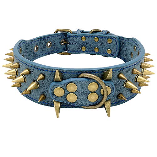 Berry Pet 2" Spiked Leather Dog Collar - Anti-Bite Sharp Rivet Studded for Pit Bull Medium Large Dogs,Blue Neck for 18.5-23.5" Total Length 25.5"