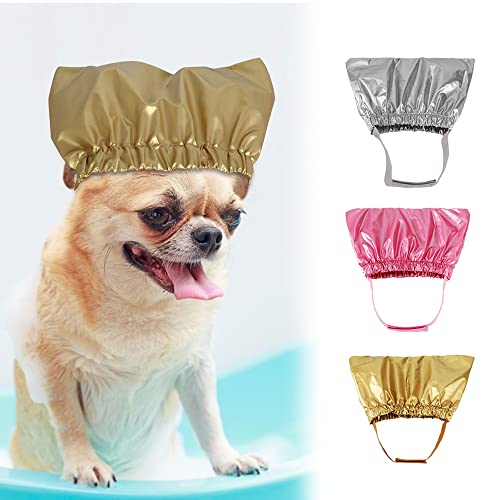 Treonca Dog Shower Cap Bath Cap Waterproof Shower Hat 3 Pack Shower Dog Ear Covers Overhanging Pet Bath Ear Protection Shower Cats Ear Drops Guard for Kitten Puppy Small Pets Bath (Small)