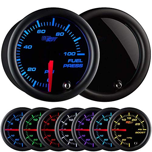 GlowShift Tinted 7 Color 100 PSI Fuel Pressure Gauge Kit - Includes Electronic Sensor - Black Dial - Smoked Lens - for Car & Truck - 2-1/16" 52mm