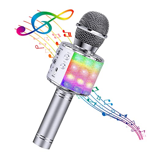 BlueFire 4 in 1 Karaoke Wireless Microphone with LED Lights, Portable Microphone for Kids, Great Gifts Toys for Kids, Girls, Boys and Adults (Silver)