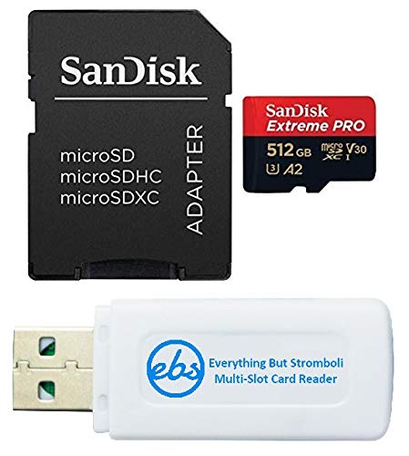 SanDisk 512GB Extreme Pro MicroSDXC UHS-I Card for Compatible Phone, Nintendo Switch, Digital Camera Class 10 (SDQXCZ-512G-GN6MA) Bundle with (1) Everything But Stromboli Micro & SD Memory Card Reader