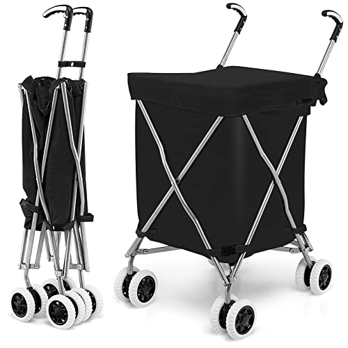 GOFLAME Folding Shopping Cart, Large Grocery Cart with Wheels and Removable Fabric Cover, Lightweight and Sturdy Rolling Utility Cart for Groceries Laundry Shopping Picnic (Black)