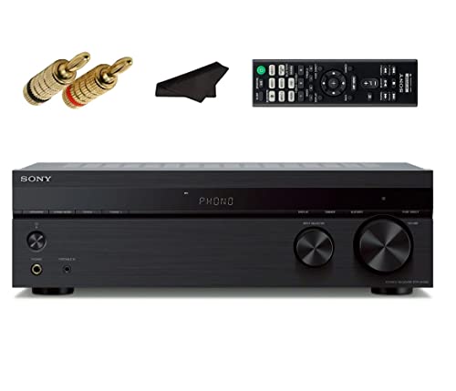 Sony STR-DH190 + Home Stereo Receiver, 2 Channel, Phono Inputs, 4 Audio Inputs, 3.5 Millimeter Input, Bluetooth, with 2 Kwalicable Closed Screw 24k Gold Plated Speaker Banana Plugs, Cleaning Cloth