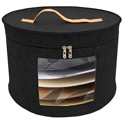 Aeeteek Hat Storage Box Portable Felt Organizer Bucket Foldable Large Capacity Round Travel Hat Container with Dust Proof Lid, Stuffed Animal Toys and Clothes Storage Bin Bag (Black-B (43 * 26CM))