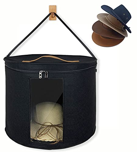 Large Cowboy Hat Box for Women & Men Storage with Dustproof Lids, 17" D*15" H Black Fedora Hat Boxes Storage for Travel, Collapsible Felt Hat Storage Organizer with 1 Wood Hook, Stuffed Toy Storage