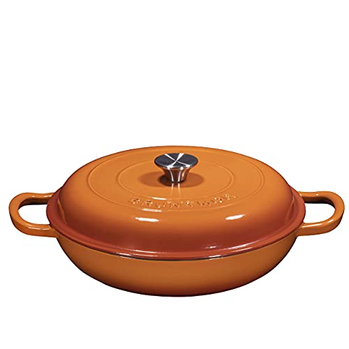 Bruntmor 3.8 Quart Enamel Cast Iron Dutch Oven With Handles And Lid, 3.8 Qt Pumpkin Spice Cast Iron Skillet, Enamel Shallow Cookware Braising Pan For Casserole Dish, Crock Pot Covered With Cast Iron