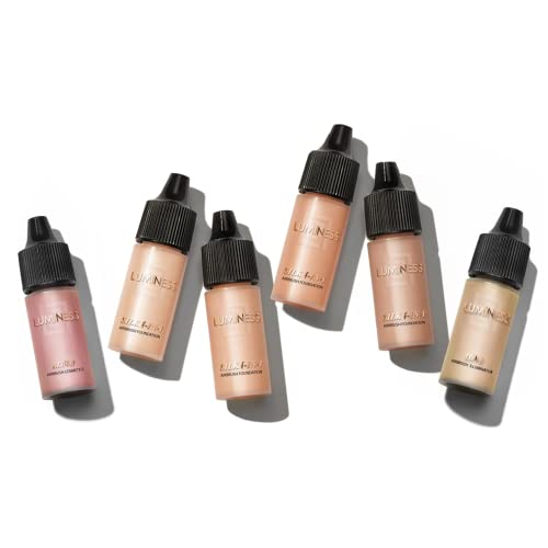 Luminess Silk 4-in-1 Airbrush Foundation Makeup Starter Kit - Warm Coverage, 6-piece - Includes 2x Silk Airbrush Foundation, Blush, Glow Highlighter, Moisturizer Primer & Airbrush Cleaning Solution