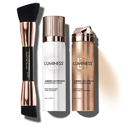 LUMINESS Silk Airbrush Spray Foundation Makeup Starter Kit - Full Coverage Foundation, Primer & Dual-Sided Buffing Brush - Buildable Coverage, Anti-Aging Formula Hydrates & Moisturizes (Shade - Fair)