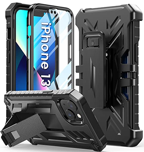for iPhone 13-14 Case Protective Cover: Heavy Duty Military Grade Hard Protection with Belt Clip | Shock Proof Grip Durable Design iPhone 13 Cell Phone Case with Built-in Kickstand (Belt-Clip Black)