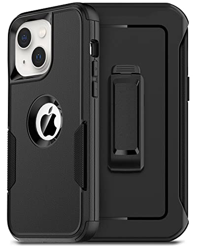 RonShieh Defender Case for iPhone 14 with Holster Belt Clip: [2pcs Screen Protectors + Camera Lens Protector] Heavy Duty Protective Shockproof Rugged Hard Phone Cover for Men, Black