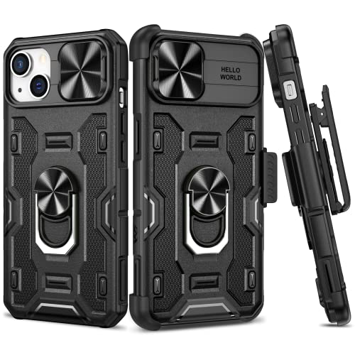 VEGO for iPhone 14 Case/iPhone 13 Case, Slide Camera Cover & Magnetic 360Rotatable Ring Kickstand & Belt Clip Holster Military Grade Protection Shockproof Armor Case for iPhone 14/iPhone 13 - Black
