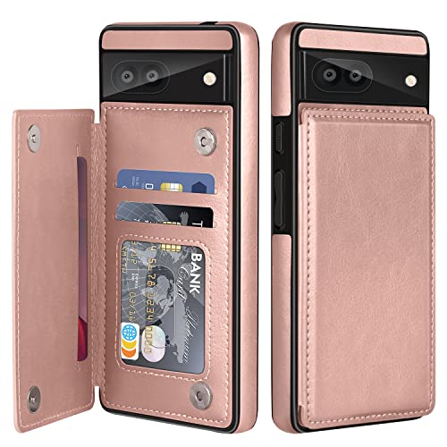 Bizzib for Google Pixel 6A Wallet Case with Card Holder for Girls Women, Kickstand Card Slots Double Magnetic Clasp Shockproof Case for Google Pixel 6A 5G Rose Gold