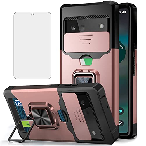 NKECXKJ Design for Google Pixel 6a Phone Case with Screen Protector Card Holder Stand Kickstand Heavy Duty Slim Shockproof Hybrid Rugged Drop Protective Cover for Women Girls 6.1 inch Rose Gold