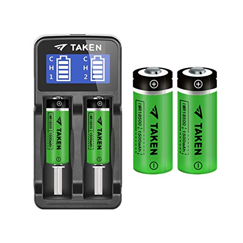 Taken 18500 Rechargeable Li-ion Battery with Charger, IMR 18500 3.7V 1500mAh Rechargeable Battery with Button Top, 4 Pack 18500 Rechargeable Batteries with 2-Ports Charger